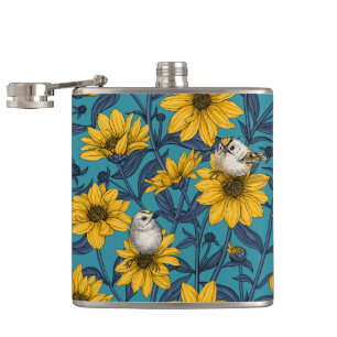 Wild sunflowers and goldcrest birds/ yellow hip flask