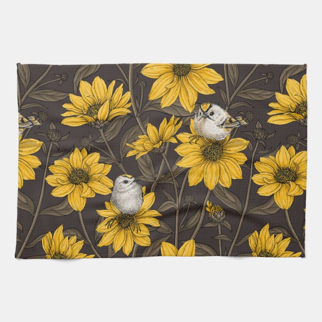 Wild sunflowers and goldcrest birds/ yellow  kitchen towel (Horizontal)
