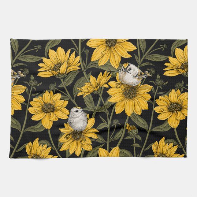 Wild sunflowers and goldcrest birds/ yellow  kitchen towel (Horizontal)