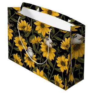 Wild sunflowers and goldcrest birds/ yellow large gift bag