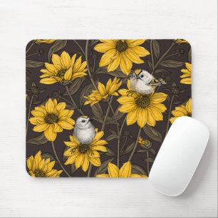 Wild sunflowers and goldcrest birds/ yellow mouse pad