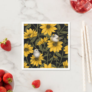Wild sunflowers and goldcrest birds/ yellow napkin