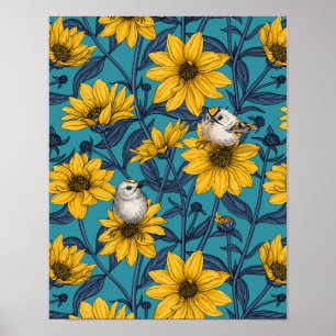 Wild sunflowers and goldcrest birds/ yellow  poster