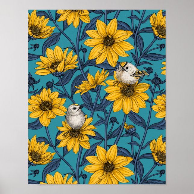Wild sunflowers and goldcrest birds/ yellow  poster (Front)