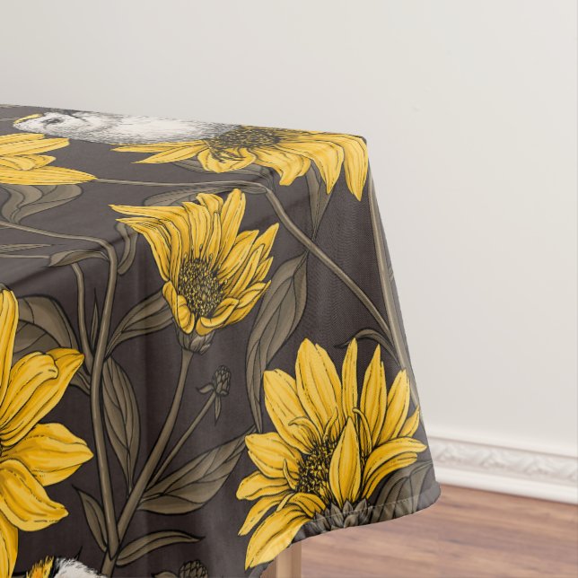Wild sunflowers and goldcrest birds/ yellow  tablecloth (In Situ)