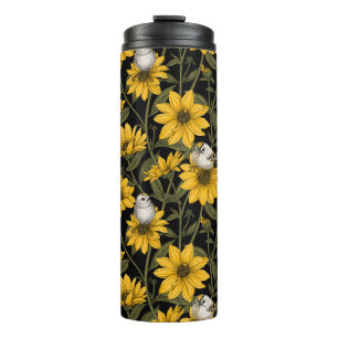 Wild sunflowers and goldcrest birds/ yellow  thermal tumbler