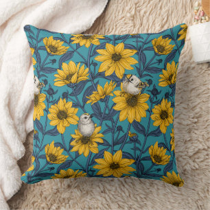 Wild sunflowers and goldcrest birds/ yellow throw pillow