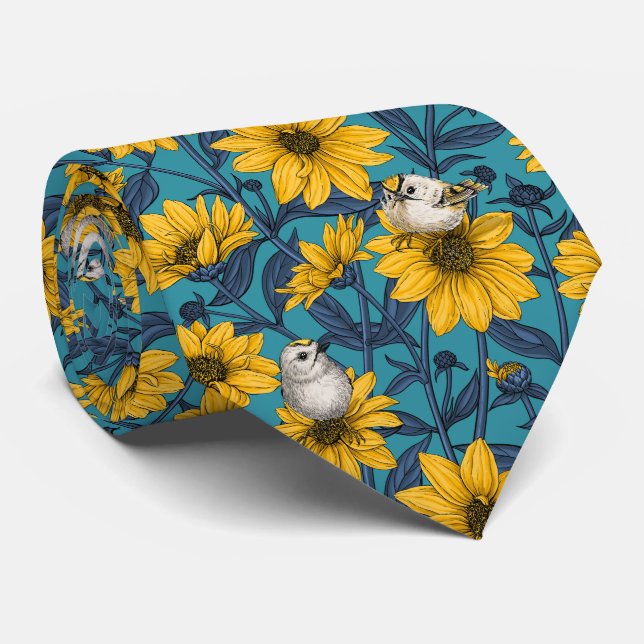 Wild sunflowers and goldcrest birds/ yellow tie (Rolled)