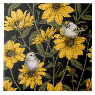Wild sunflowers and goldcrest birds/ yellow tile