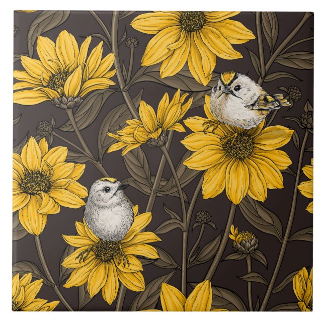 Wild sunflowers and goldcrest birds/ yellow  tile (Front)