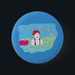 Wild swimming outdoor swimmer club member 2 inch round button<br><div class="desc">A fun postcard to welcome people to the world of outdoor swimming. Start by looking like the swimmer on the front,  finish by feeling like the swimmer on the back! Great for those who are new to wild swimming and open water sea and lake swims.</div>