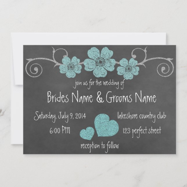 Wild Teal Roses Chalkboard Wedding Invitation (Front)