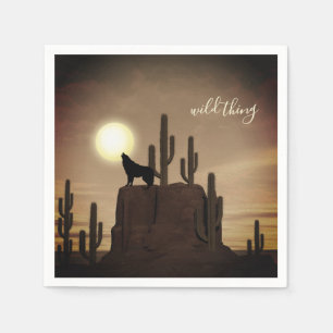 wild thing ~ Full Moon Wolf Howling Desert Cactus Napkin
