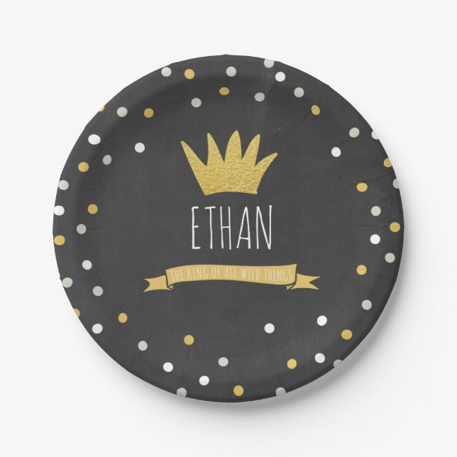 Wild Things Gold crown First birthday Paper Plates (Front)