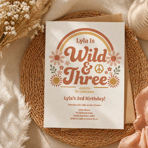 Wild Three Birthday Invitation Girl   Retro Boho