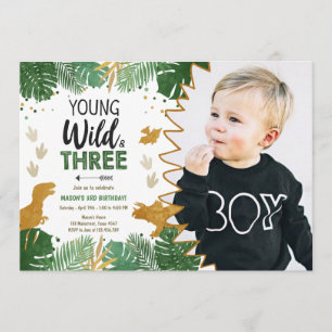 Wild Three Dino Party Boy Gold Dinosaur Birthday Invitation