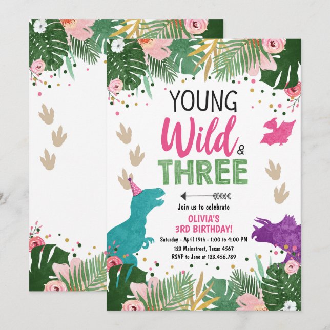 Wild Three Dino Party Girl Pink Dinosaur Birthday Invitation (Front/Back)