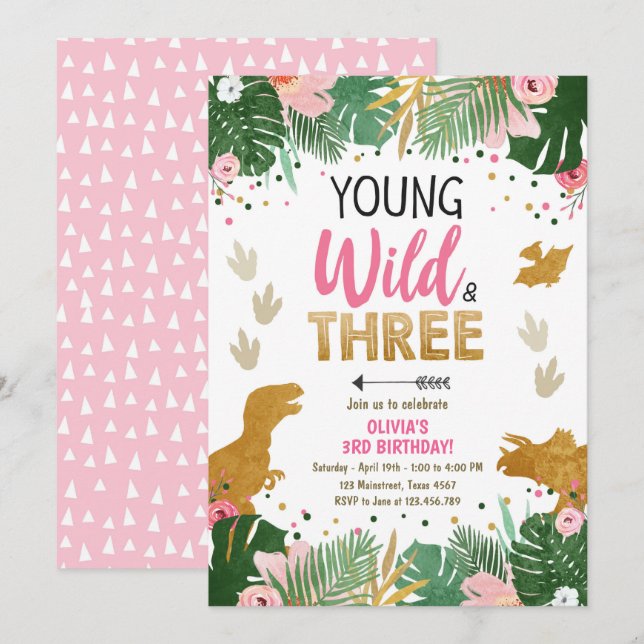 Wild Three Dino Party Girl Pink Dinosaur Birthday Invitation (Front/Back)