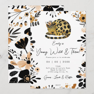 wild three leopard floral 3rd birthday invitation