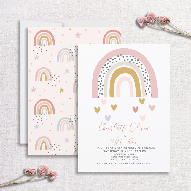 Wild & Three Muted Rainbow Girl's Birthday Party Invitation (Creator Uploaded)