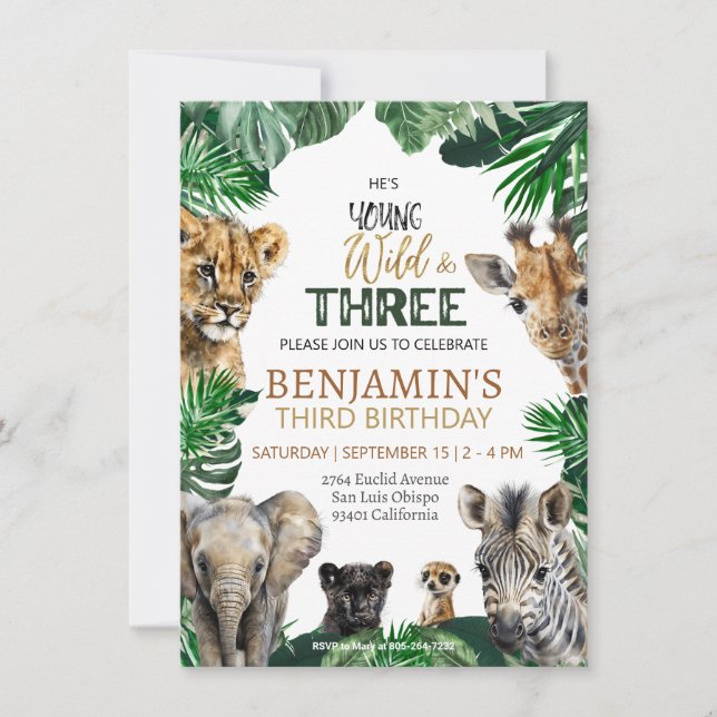 Wild & Three Safari birthday invitation (Front)