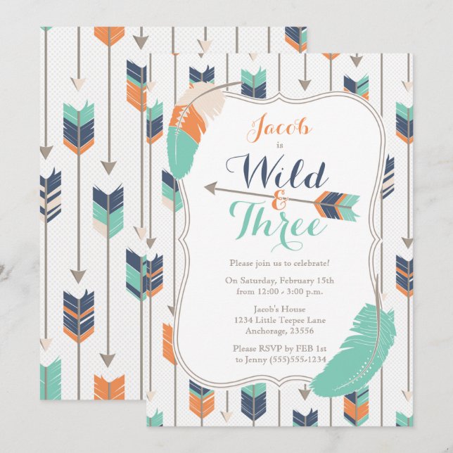 Wild Three Tribal Arrows Birthday Party Blue Green Invitation (Front/Back)