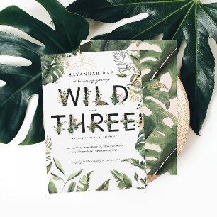 Wild & Three Tropical Greenery 3rd Birthday  Invitation
