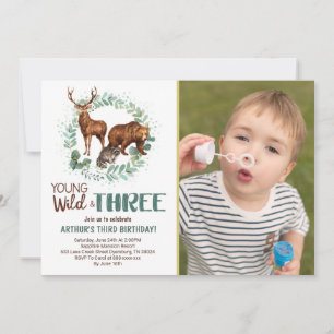 Wild Three Woodland Animals Birthday Invitation