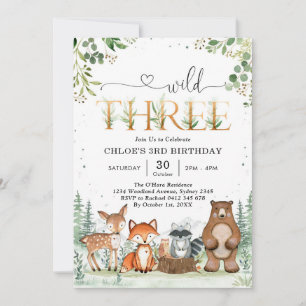 Wild Three Woodland Party Animals 3rd Birthday Invitation