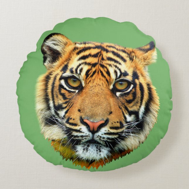 Wild Tiger Animal Face on Green Round Pillow (Front)