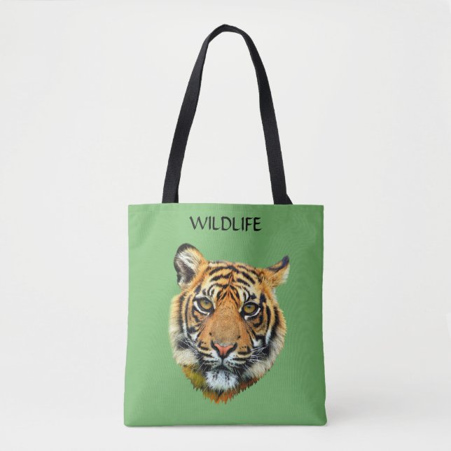 Wild Tiger Animal Face on Green Tote Bag (Front)