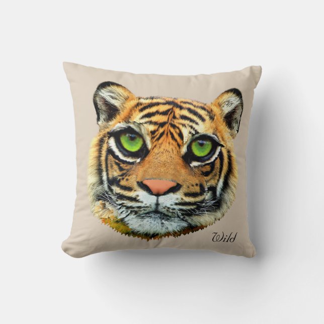 Wild Tiger Face on Beige Throw Pillow (Front)