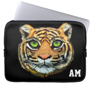 Wild Tiger Face on Black Monogrammed Laptop Sleeve