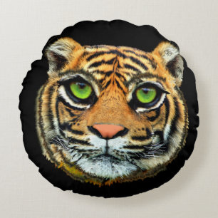 Wild Tiger Face on Black Round Pillow