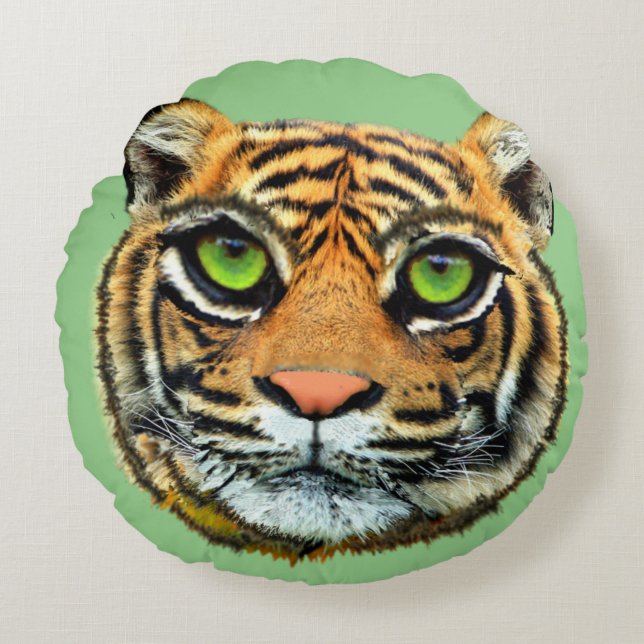Wild Tiger Face on Green Round Pillow (Front)