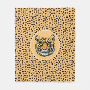 Wild Tiger Face on Tiger Skin Pattern Fleece Blanket