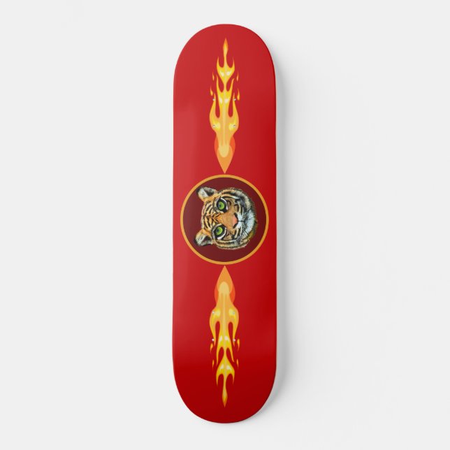 Wild tiger, flames on red skateboard (Front)