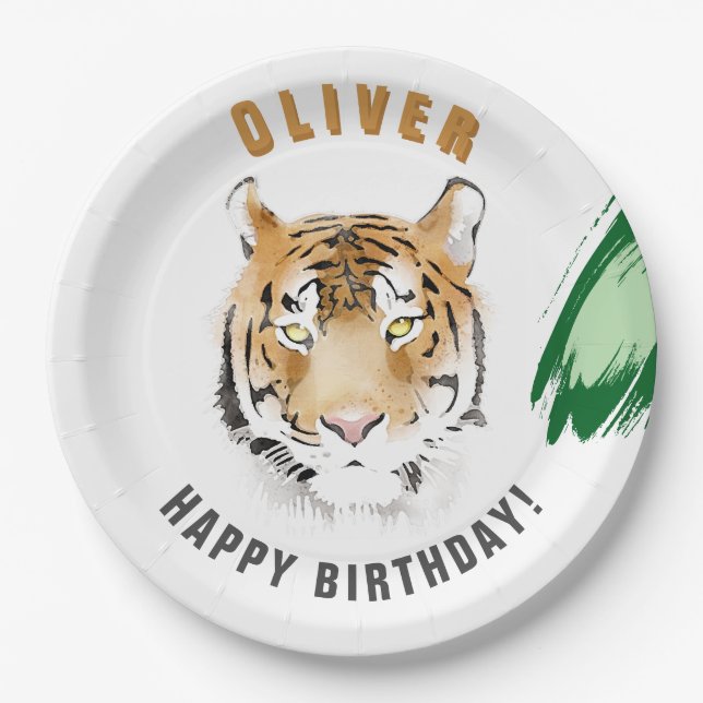 Wild Tiger Head Watercolor Birthday Name Paper Plate (Front)