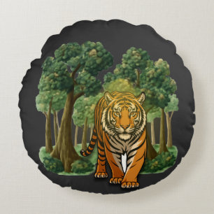 “Wild Tiger in the Forest – Natural Light Jungle D Round Pillow