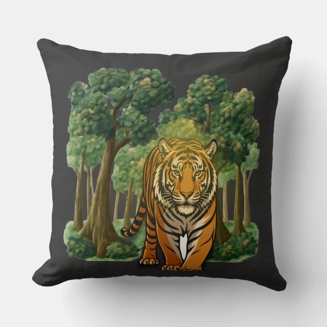 “Wild Tiger in the Forest – Natural Light Jungle D Throw Pillow (Front)