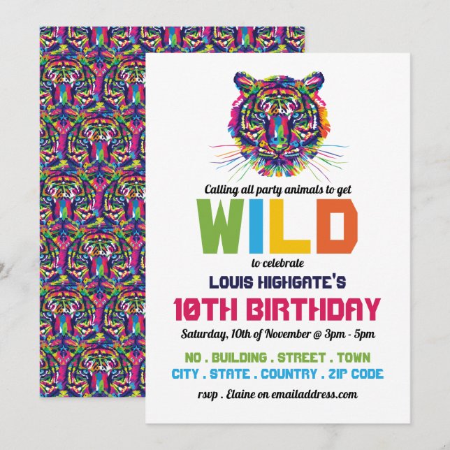 Wild Tiger, Invitation de fête d'anniversaire (Devant / Derrière)