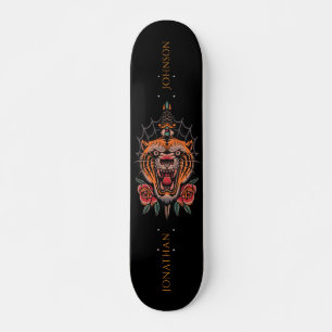 Wild Tiger Japanese Rose Illustration Last Name Skateboard