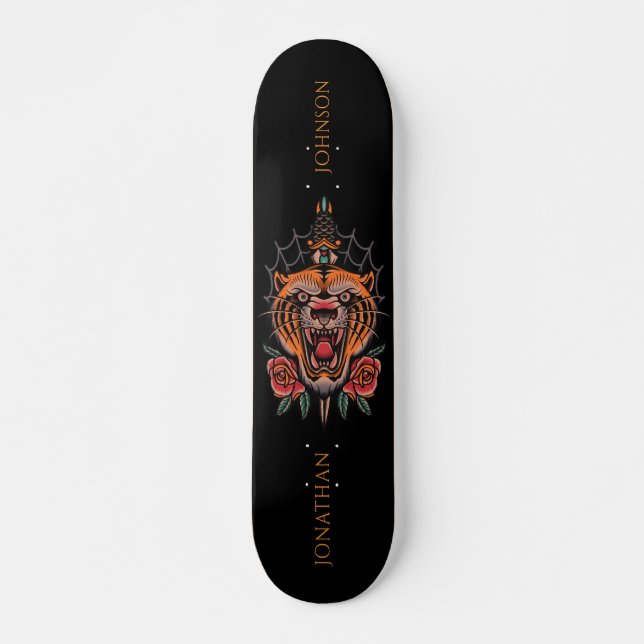 Wild Tiger Japanese Rose Illustration Last Name Skateboard (Front)