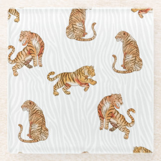 Wild Tigers: Watercolor Animal Pattern. Glass Coaster