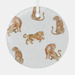 Wild Tigers: Watercolor Animal Pattern. Glass Ornament