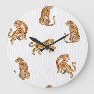 Wild Tigers: Watercolor Animal Pattern. Large Clock