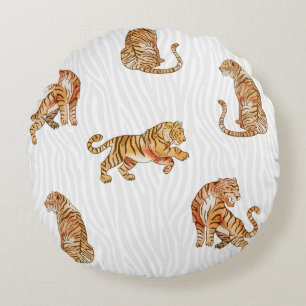 Wild Tigers: Watercolor Animal Pattern. Round Pillow