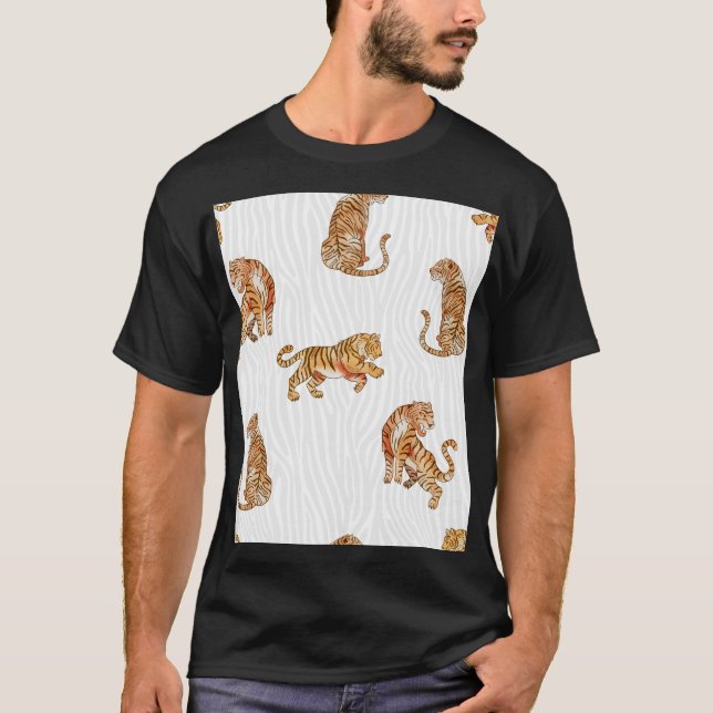 Wild Tigers: Watercolor Animal Pattern. T-Shirt (Front)