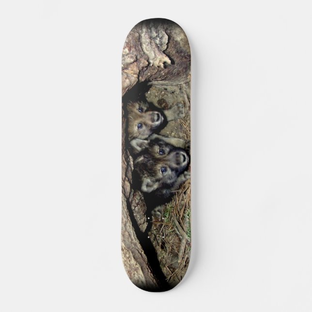 Wild Timber Wolf Twin Cubs in Den Skateboard (Front)