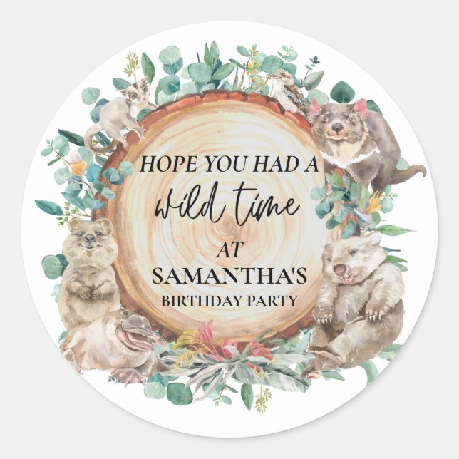 Wild Time Cute Australian Animals Birthday  Classic Round Sticker (Front)